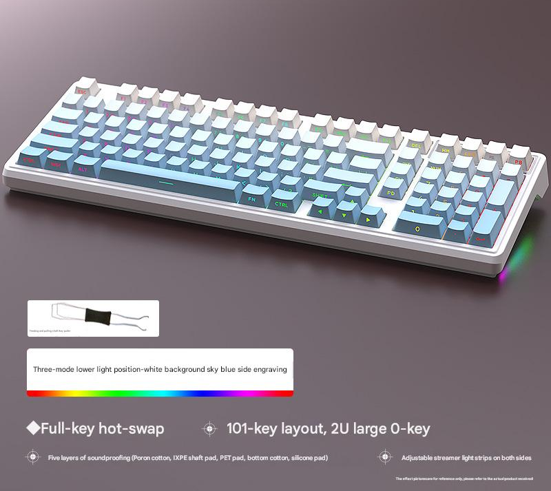 Tri-Mode RGB Mechanical Gaming Keyboard - 102-Key, Hot-Swappable, 4000mAh Battery, 5-Layer Sound Dampening Sky blue on white