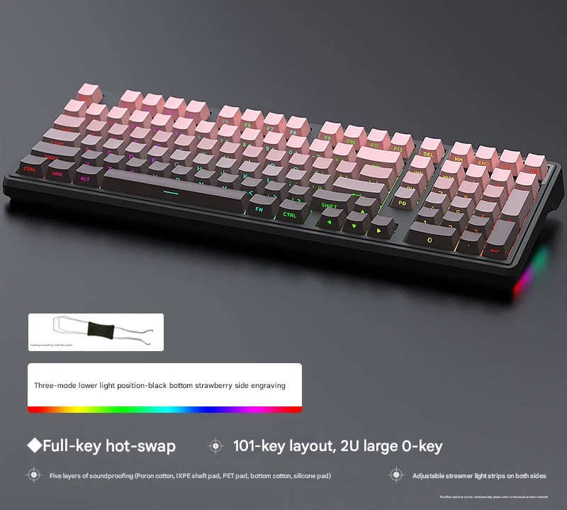 Tri-Mode RGB Mechanical Gaming Keyboard - 102-Key, Hot-Swappable, 4000mAh Battery, 5-Layer Sound Dampening Strawberry on black
