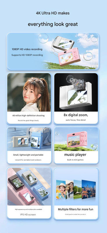 48MP Digital Camera for Kids & Beginners - 1080P Vlogging, 8x Zoom, Filters & Games White