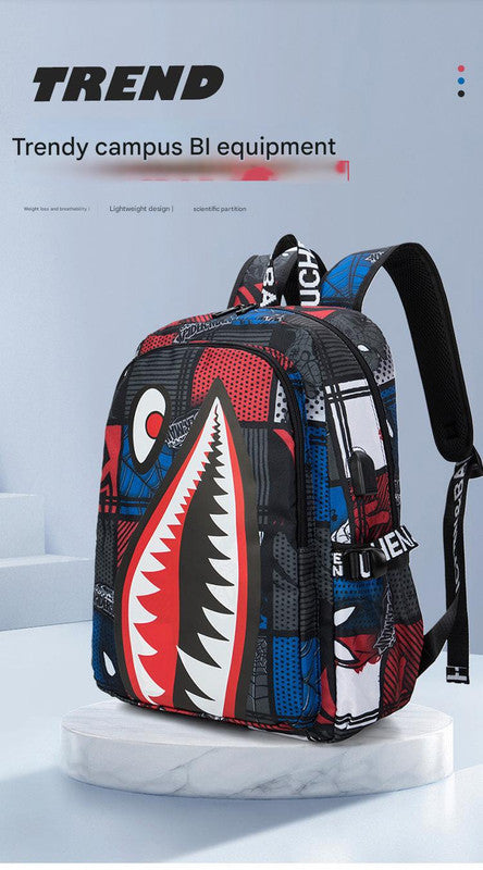 Trendsetter Shark Mouth Print Backpack - Lightweight & Breathable School Bag Red spider