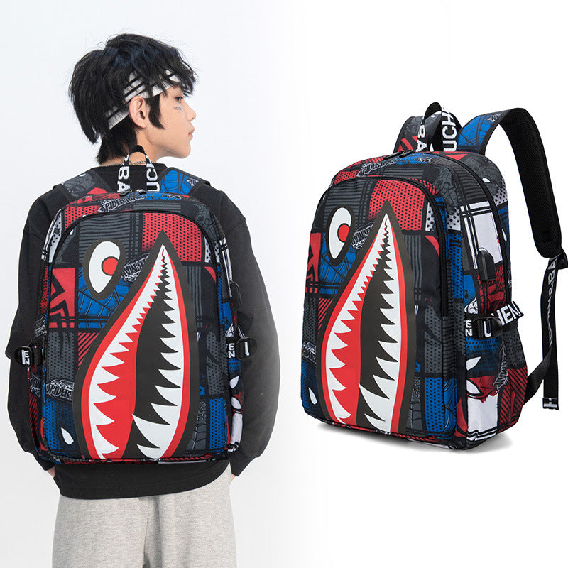 Trendsetter Shark Mouth Print Backpack - Lightweight & Breathable School Bag Red spider