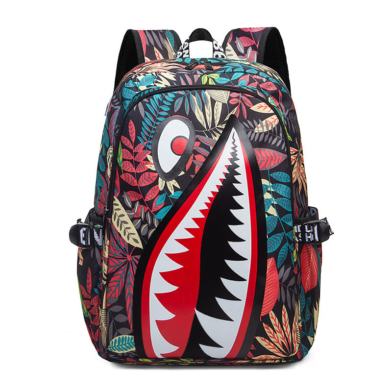 Trendsetter Shark Mouth Print Backpack - Lightweight & Breathable School Bag Red leaves