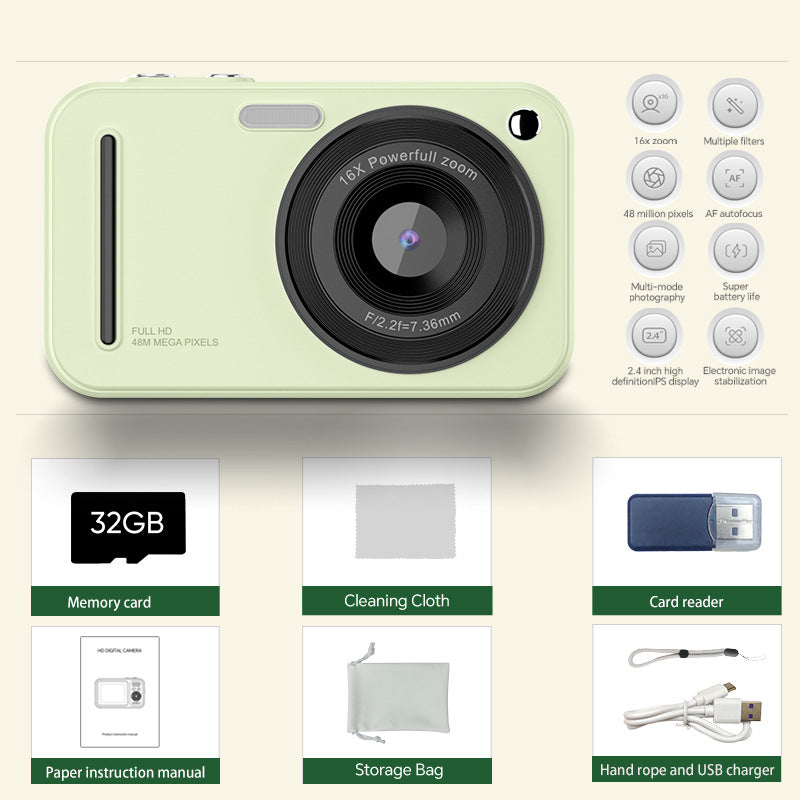 48MP Digital Camera with 16x Zoom & AF Autofocus - Full HD Vlogging Camera for Beginners & Kids Green