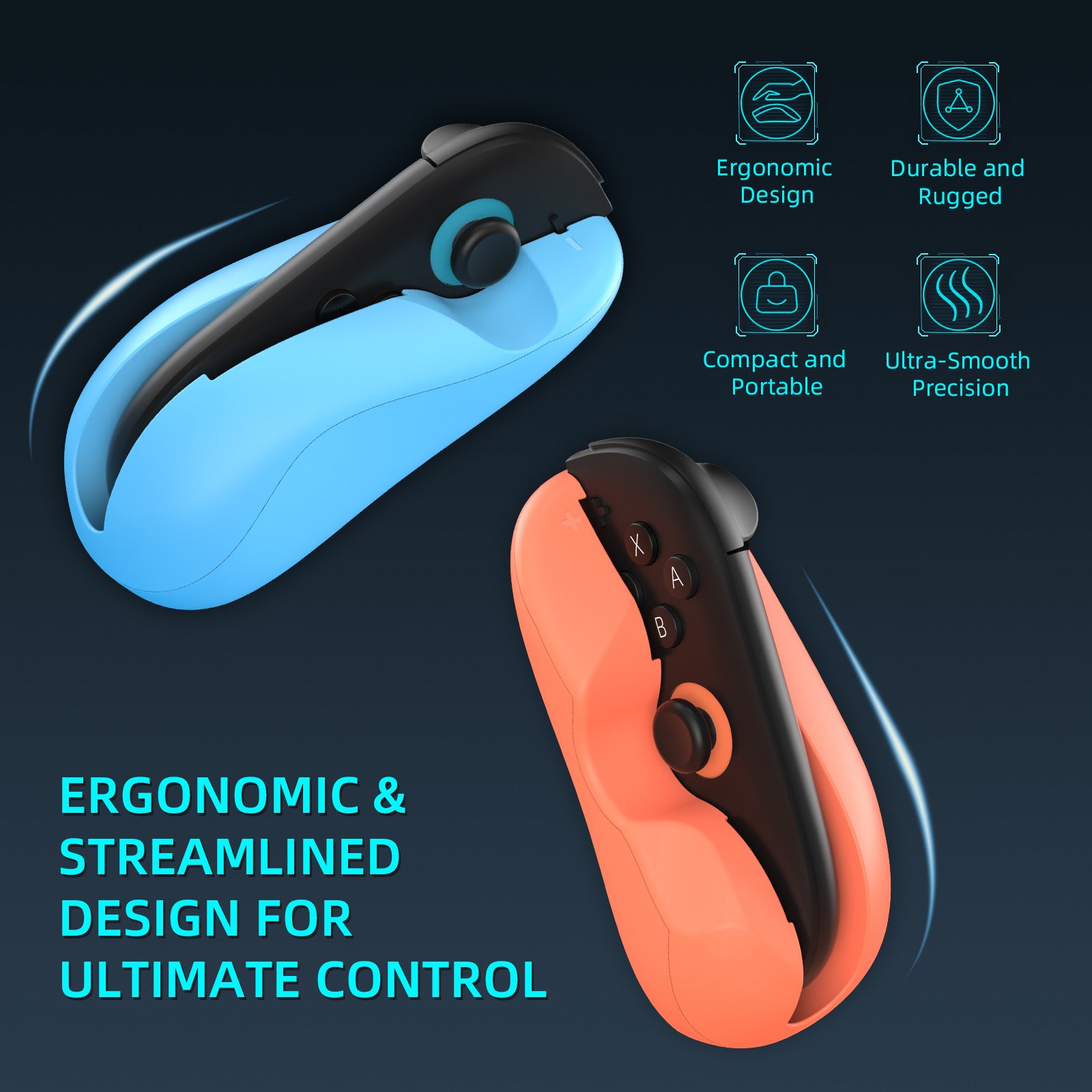 Ergonomic Mouse Grip for Nintendo Switch Joy-Con - 2-Pack Controller Holder Orange Blue