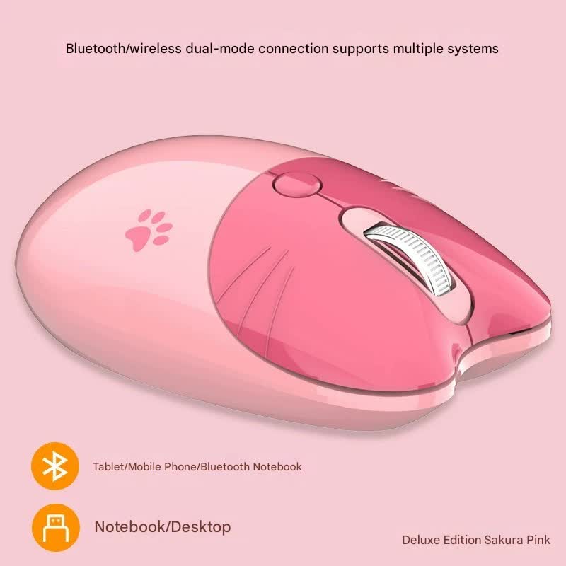 Cute Cat Shaped Wireless Office Mouse - Dual Mode 2.4G/Bluetooth, 3-Level DPI, Silent Click pink