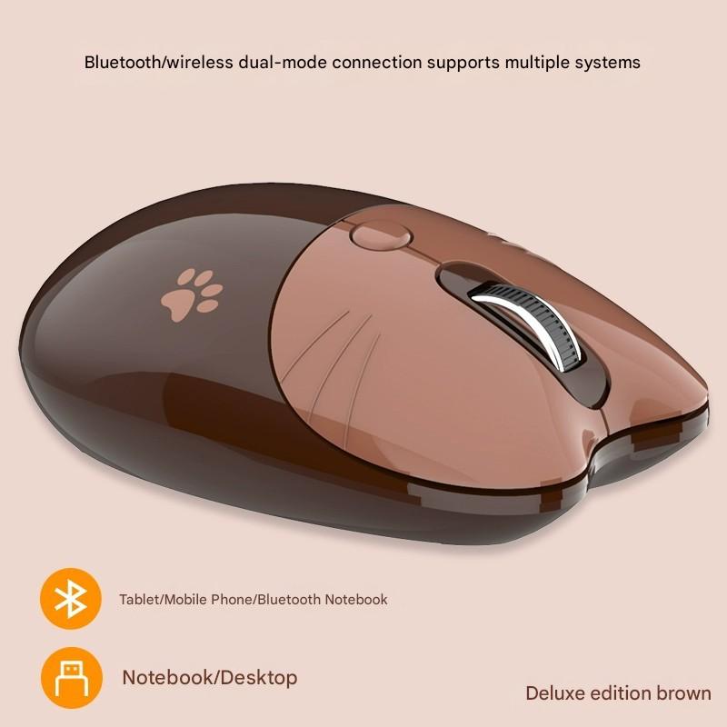 Cute Cat Shaped Wireless Office Mouse - Dual Mode 2.4G/Bluetooth, 3-Level DPI, Silent Click brown