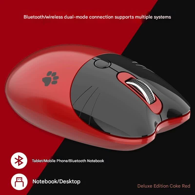 Cute Cat Shaped Wireless Office Mouse - Dual Mode 2.4G/Bluetooth, 3-Level DPI, Silent Click red
