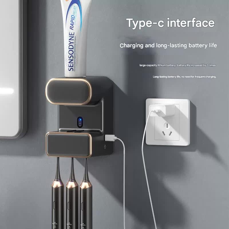 Automatic Toothpaste Dispenser with UVC Toothbrush Sterilizer & Holder - Wall Mounted, Rechargeable Grey