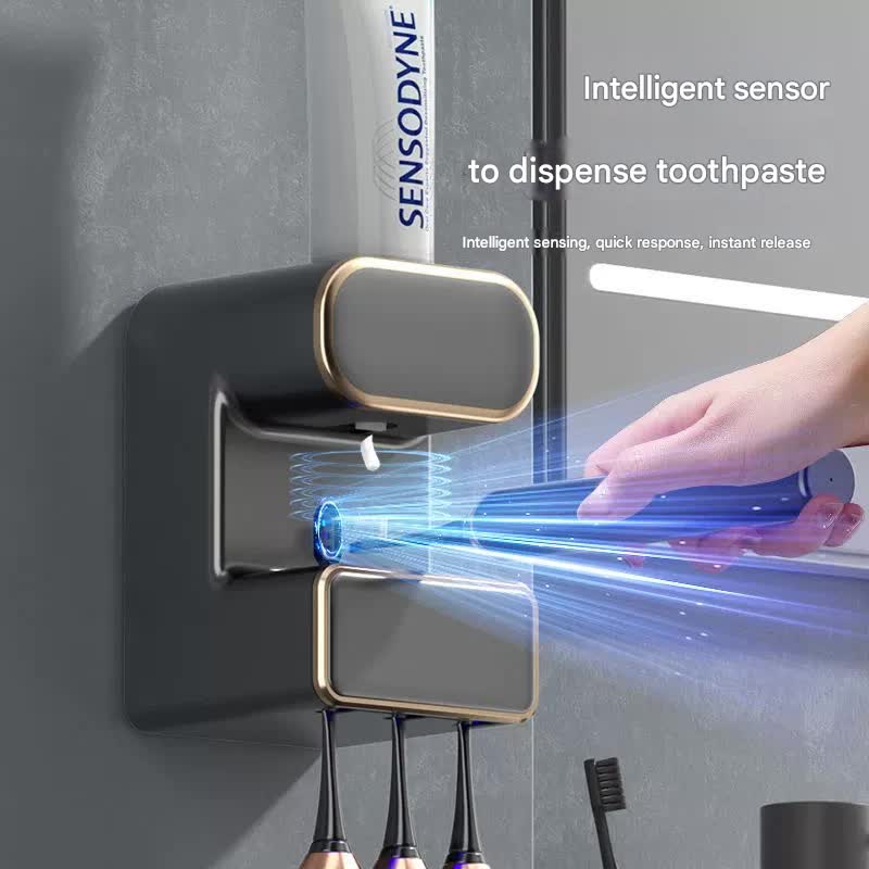 Automatic Toothpaste Dispenser with UVC Toothbrush Sterilizer & Holder - Wall Mounted, Rechargeable Grey