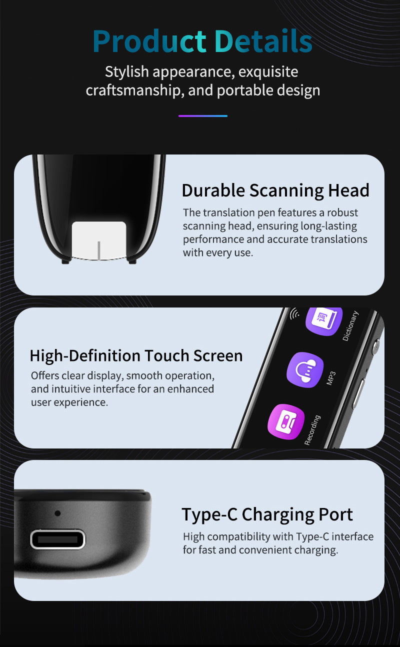 Smart AI Scan & Voice Translator Pen - 112+ Languages, Offline Mode, HD Touchscreen & Dictionary black