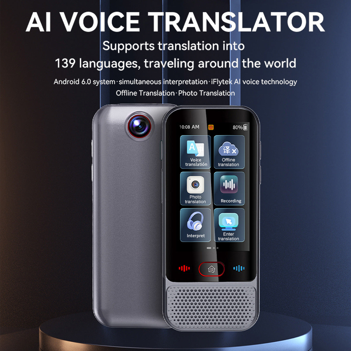 AI Smart Language Translator Device - 139 Languages, Instant Two-Way Voice & Photo Translation, Offline Mode grey