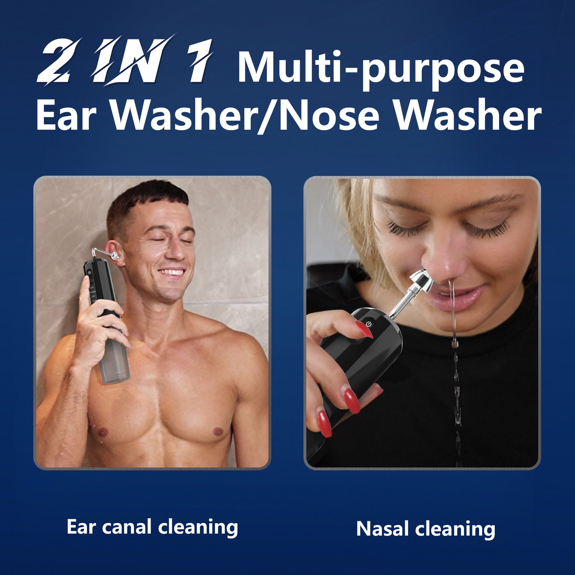 Rechargeable 2-in-1 Electric Ear & Nasal Cleaner Kit - IPX7 Waterproof, 4 Pressure Modes, Safe-Spray Nozzles black