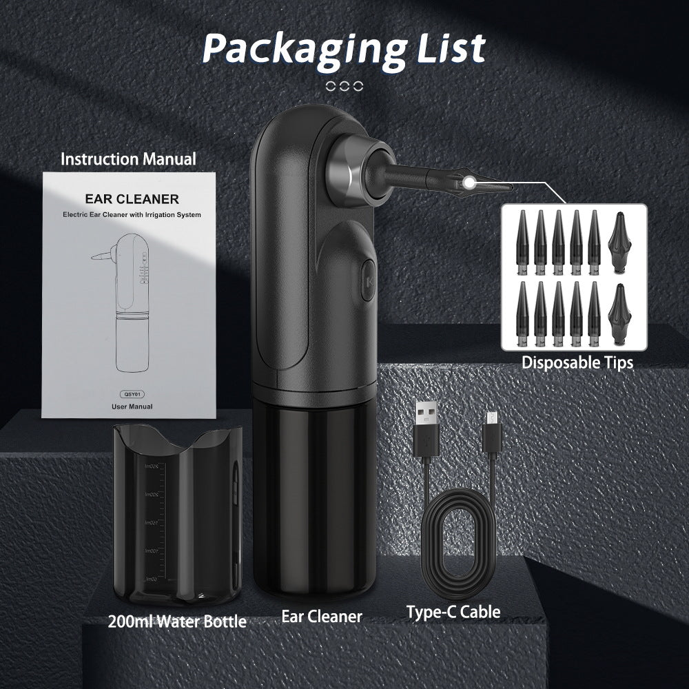 Rechargeable Electric Ear Cleaner & Washer Kit - Waterproof Ear Wax Removal System with 4 Modes & 12 Tips black