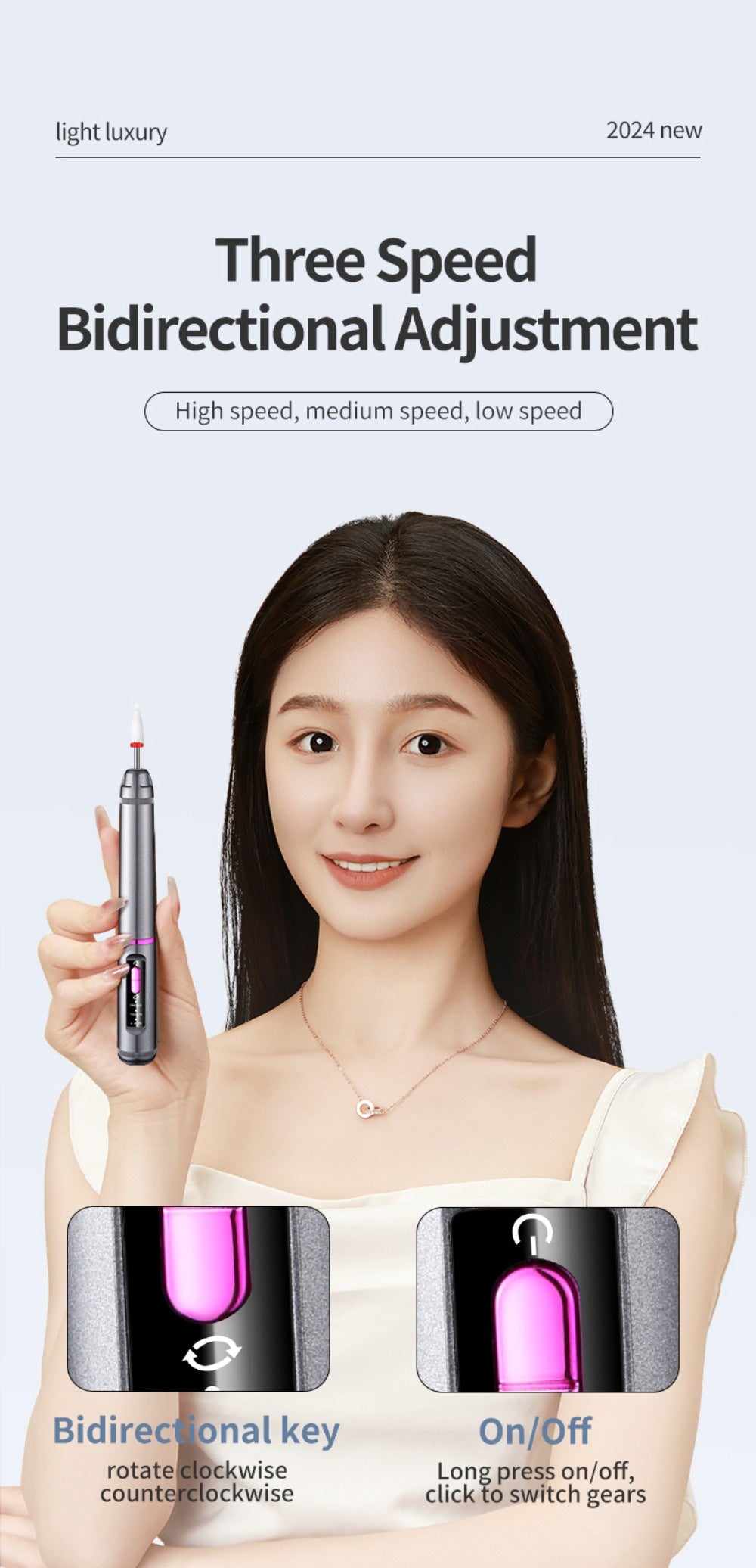 Professional Electric Nail Drill Pen Kit - 3-Speed, Bidirectional, Rechargeable Manicure & Pedicure Tool Silver Gray