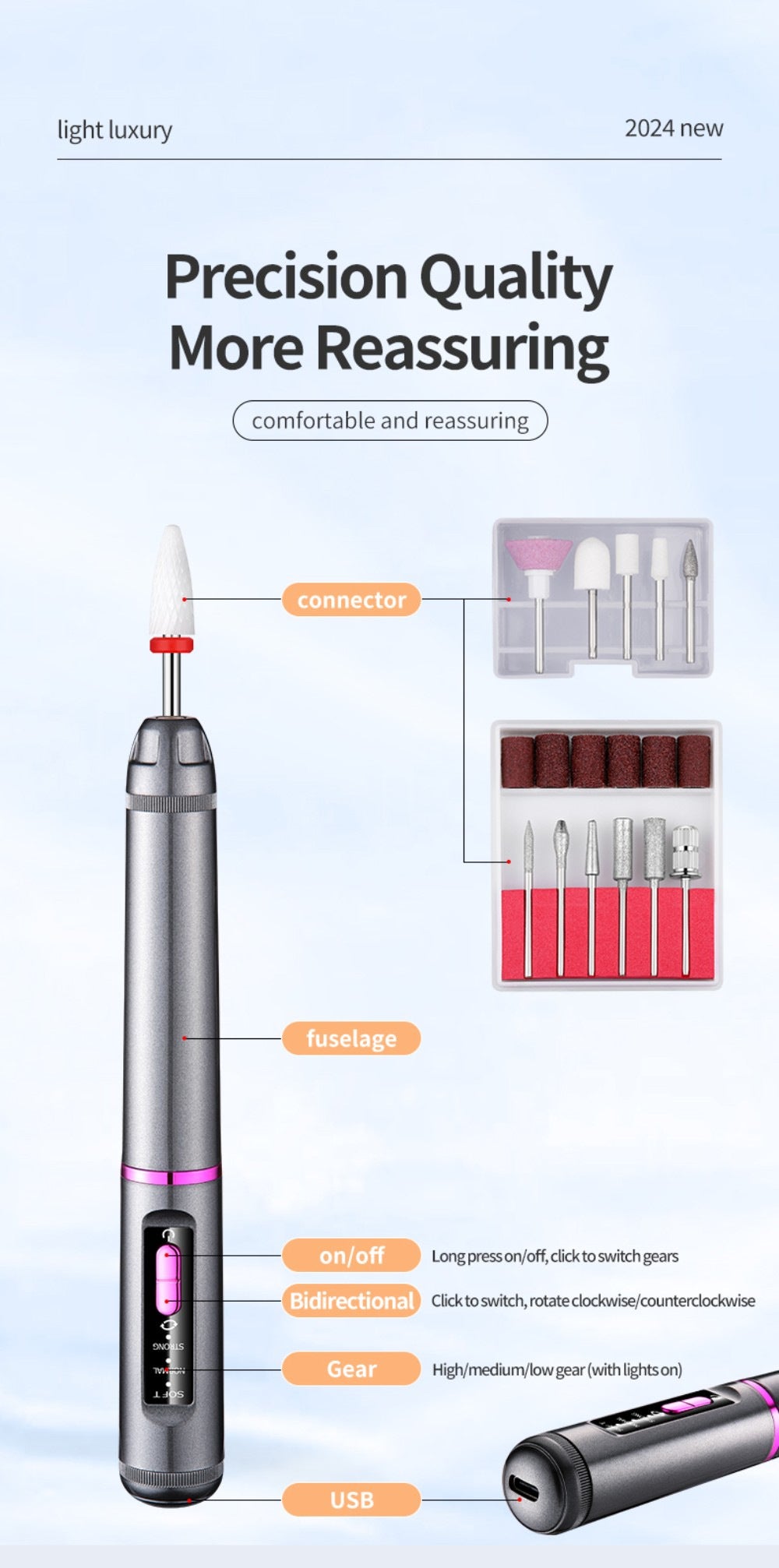 Professional Electric Nail Drill Pen Kit - 3-Speed, Bidirectional, Rechargeable Manicure & Pedicure Tool Silver Gray