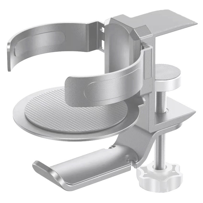 Two desktop clip-on cup holders and headphone hanger - adjustable, non-slip silicone, maximum load 15KG silver