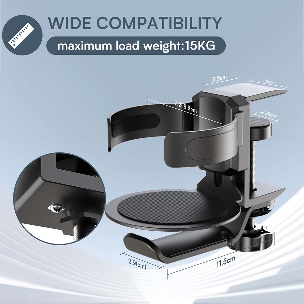 Two desktop clip-on cup holders and headphone hanger - adjustable, non-slip silicone, maximum load 15KG silver