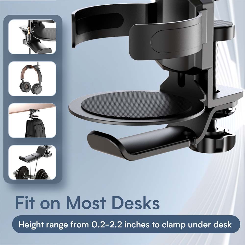 Two desktop clip-on cup holders and headphone hanger - adjustable, non-slip silicone, maximum load 15KG silver