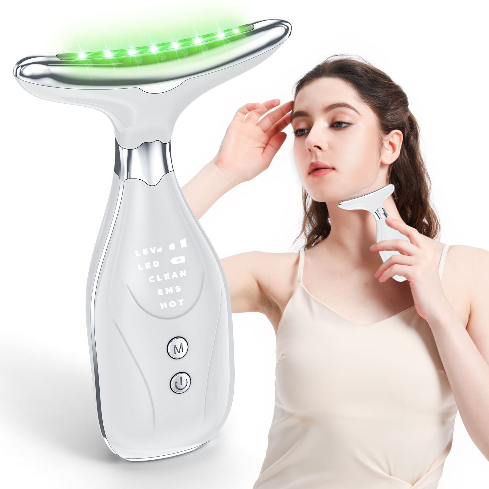 Multi-Function Facial & Neck Massager with LED Light Therapy, EMS & Warm Import - Rechargeable Skin Care Device White