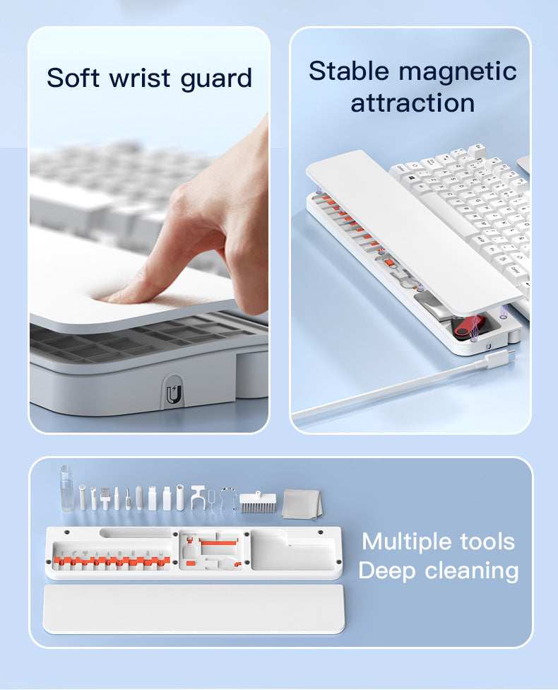 Two Multi-functional Keyboard Cleaning Kit & Ergonomic Wrist Rest with Integrated Storage White