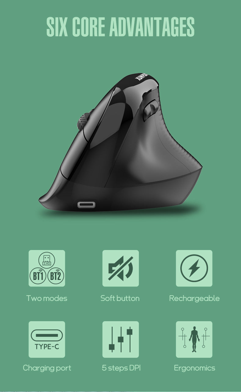 Two Ergonomic Vertical Wireless Mouse - Dual Mode 2.4G & Bluetooth , 5 Adjustable DPI, Silent Clicks, Rechargeable white