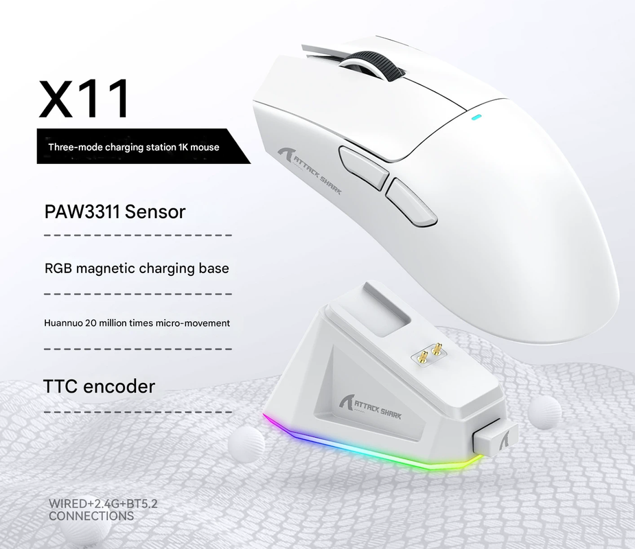High-Performance Tri-Mode Wireless Gaming Mouse - 22000 DPI, Rechargeable, with RGB Charging Dock white