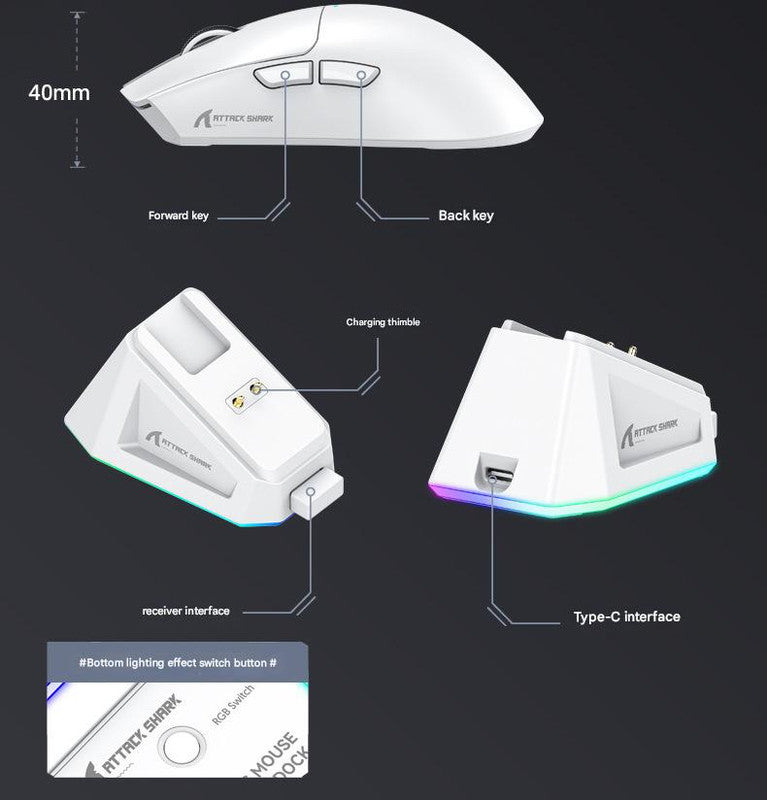 High-Performance Tri-Mode Wireless Gaming Mouse - 22000 DPI, Rechargeable, with RGB Charging Dock white