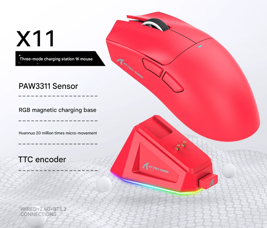 High-Performance Tri-Mode Wireless Gaming Mouse - 22000 DPI, Rechargeable, with RGB Charging Dock red