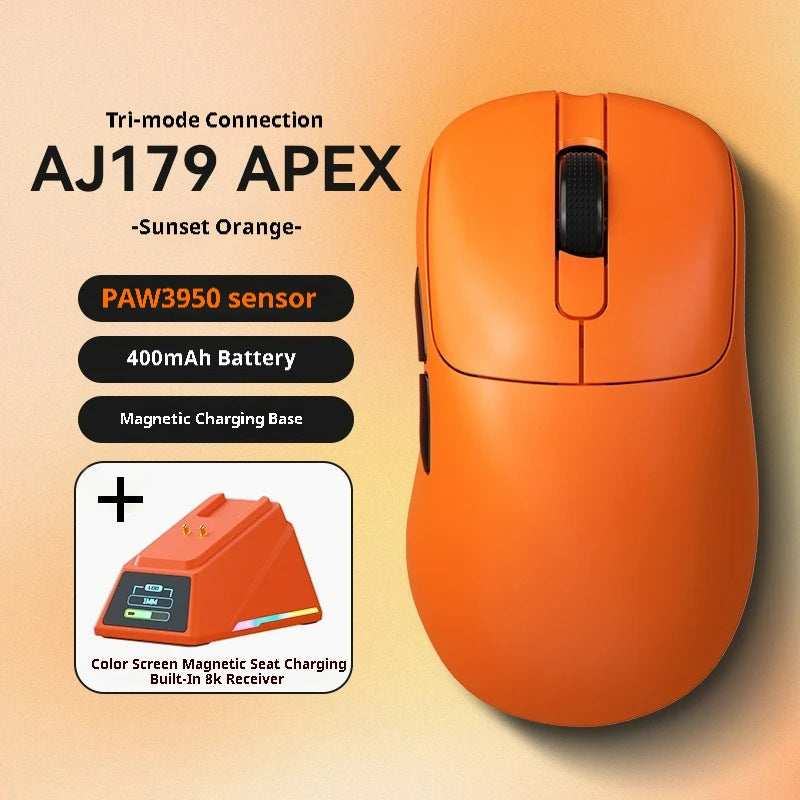 Tri-Mode Wireless Gaming Mouse with 8000Hz Polling Rate, PAW3950 Sensor & Magnetic Charging Dock Orange