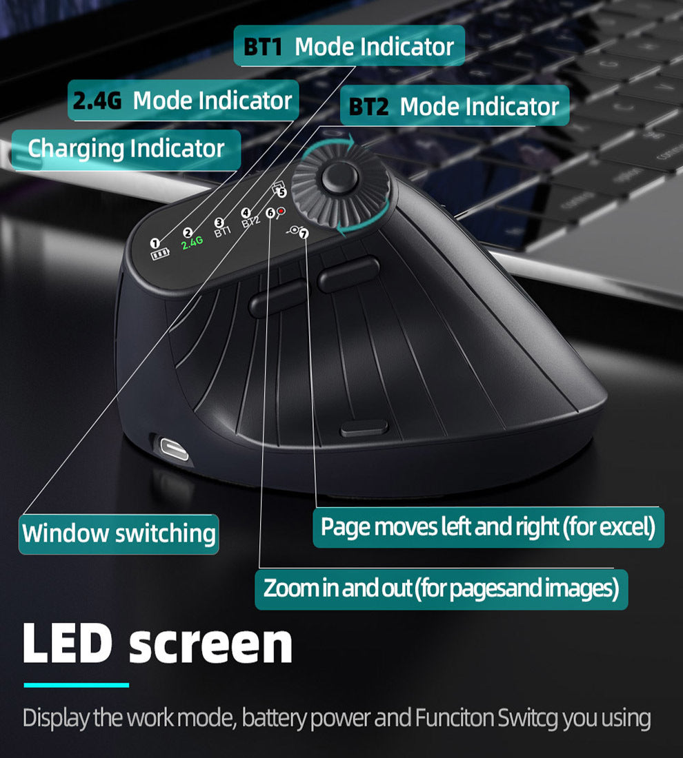 Ergonomic Vertical Mouse - 2.4G/Bluetooth Multi-Mode, LED Display, 57-Degree Angle, & 400mAh Battery White