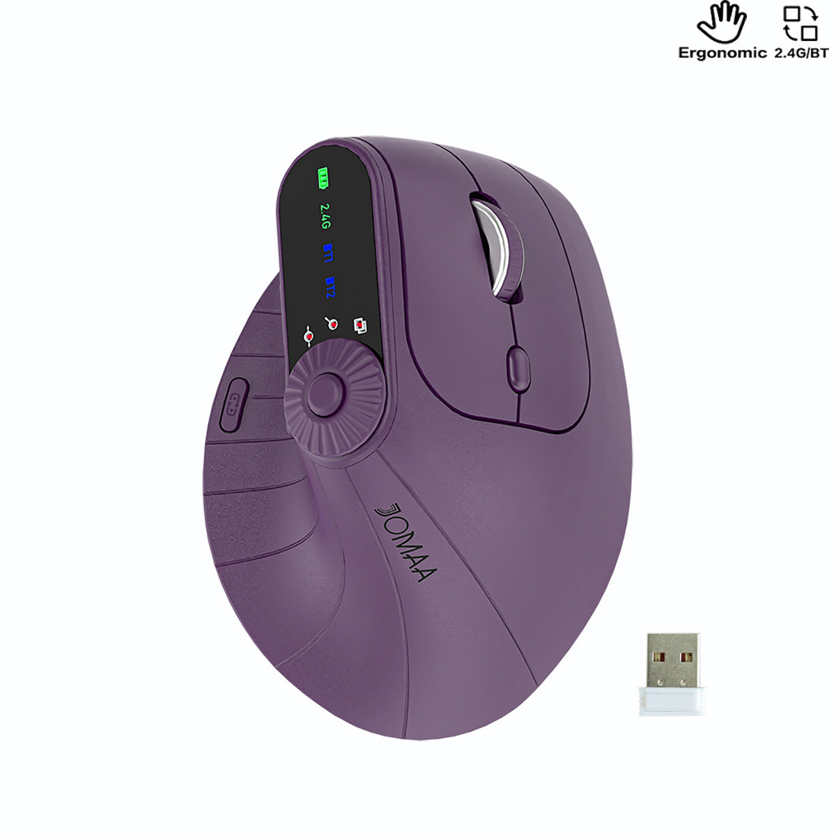 Ergonomic Vertical Mouse - 2.4G/Bluetooth Multi-Mode, LED Display, 57-Degree Angle, & 400mAh Battery Purple