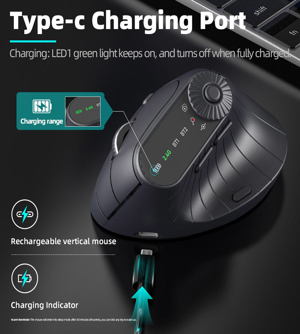 Ergonomic Vertical Mouse - 2.4G/Bluetooth Multi-Mode, LED Display, 57-Degree Angle, & 400mAh Battery Purple