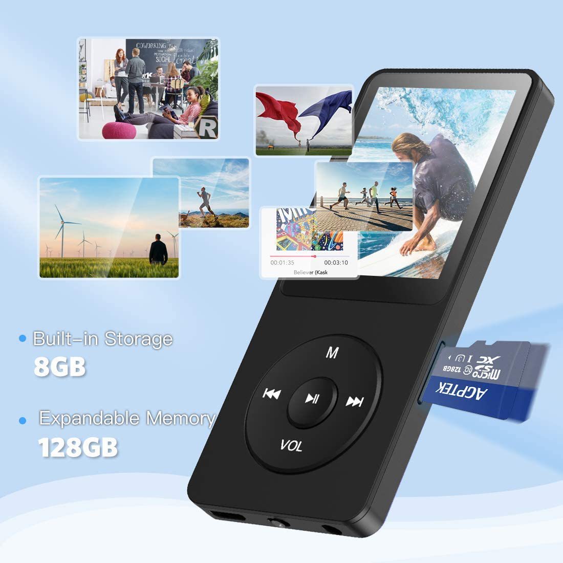 Portable Digital Music Player - Bluetooth 5.4, Hi-Fi Lossless Sound, 8GB Built-in & Expandable Storage black 16GB