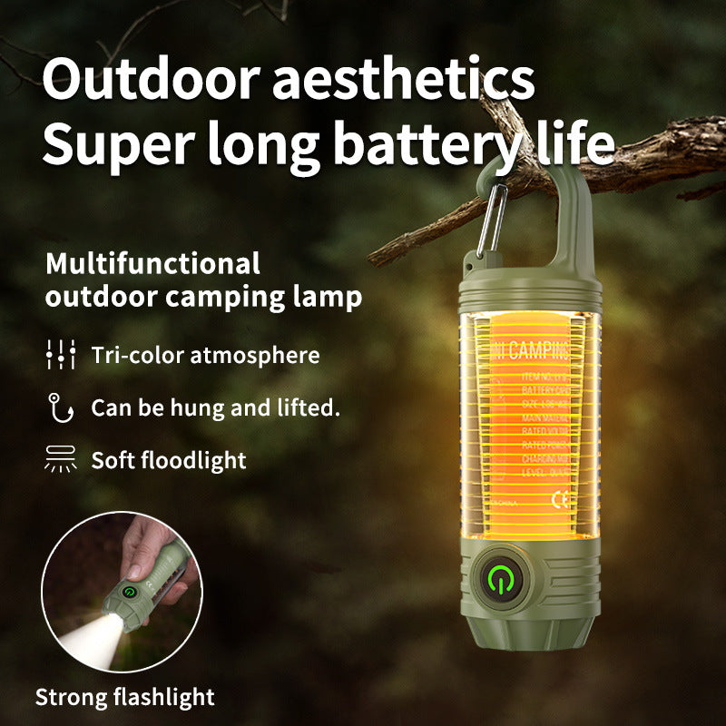Tri-Color Portable Camping Lantern & Flashlight - Rechargeable, 360°Ambient Light & Hook Design Khaki
