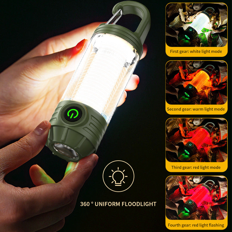 Tri-Color Portable Camping Lantern & Flashlight - Rechargeable, 360°Ambient Light & Hook Design Khaki