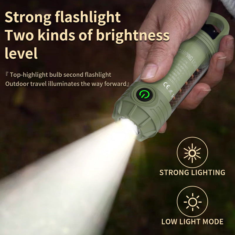 Tri-Color Portable Camping Lantern & Flashlight - Rechargeable, 360°Ambient Light & Hook Design Khaki