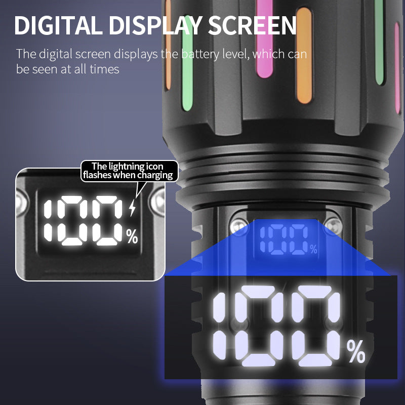 30W High Brightness LED Flashlight with Digital Display & Fluorescent Design - USB Rechargeable, 800-1200M Range black+One 18650 battery