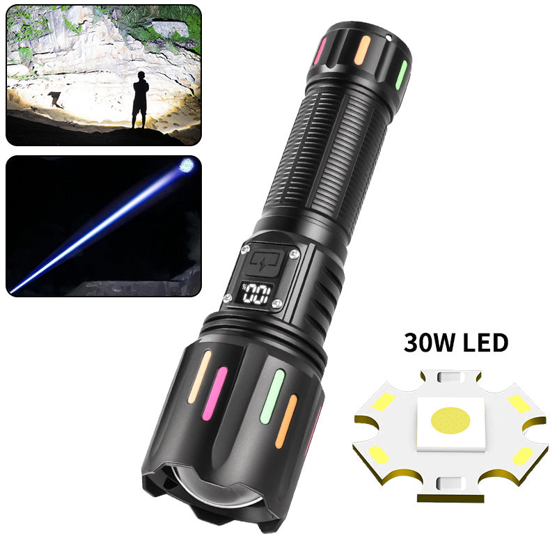 30W High Brightness LED Flashlight with Digital Display & Fluorescent Design - USB Rechargeable, 800-1200M Range black+One 26650 battery