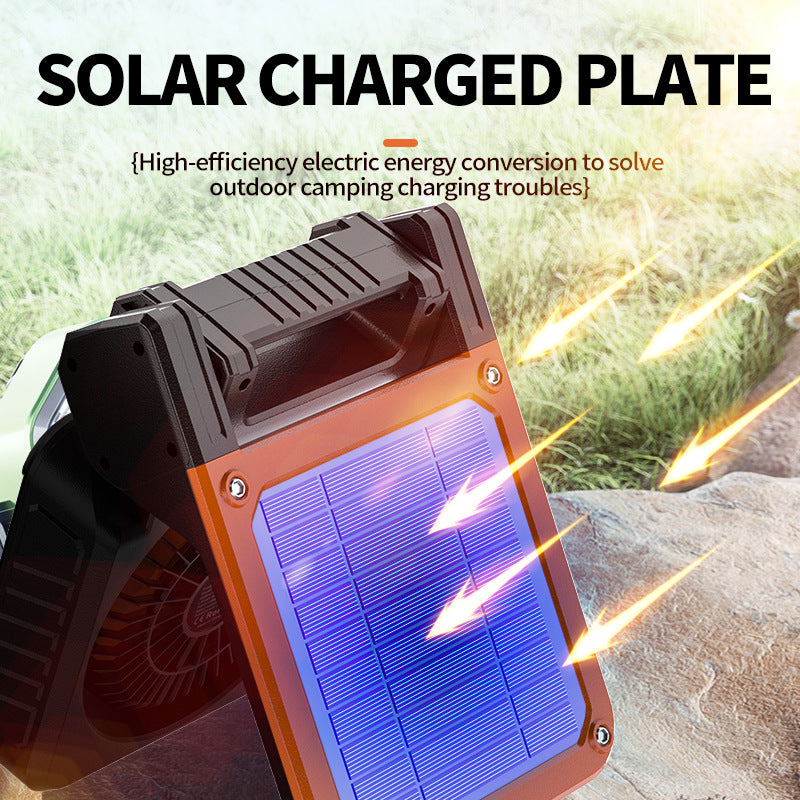 Solar & USB Rechargeable Camping Fan with LED Light - Portable Power Bank, 180° Collapsible green