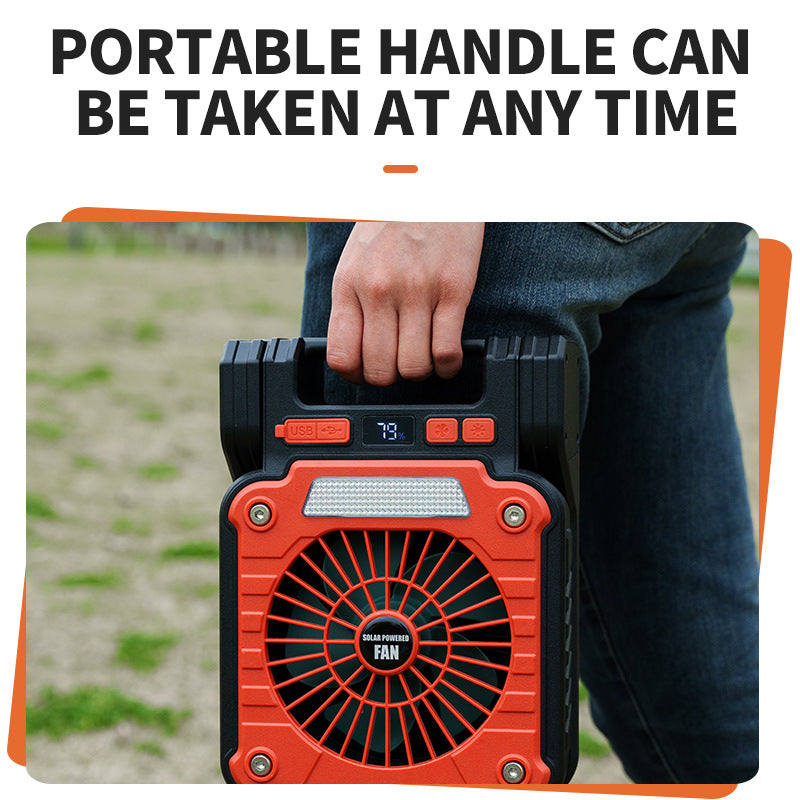 Solar & USB Rechargeable Camping Fan with LED Light - Portable Power Bank, 180° Collapsible Orange
