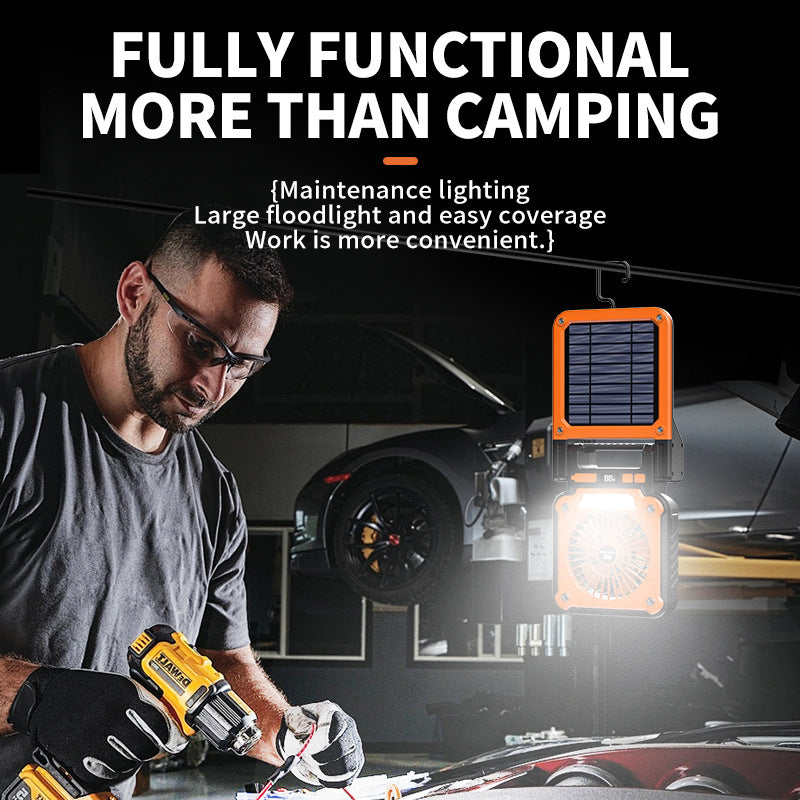 Solar & USB Rechargeable Camping Fan with LED Light - Portable Power Bank, 180° Collapsible Orange
