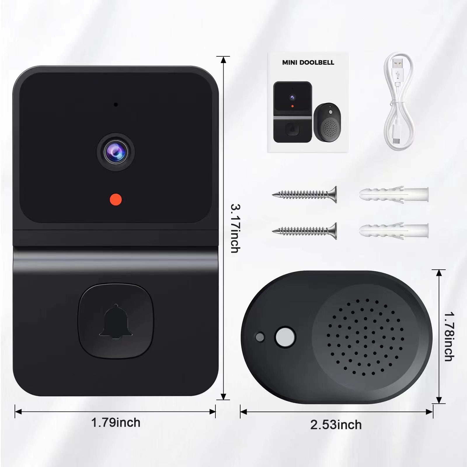 Mini Smart Video Doorbell - 480P Wide-Angle Lens, Two-Way Audio & Night Vision black