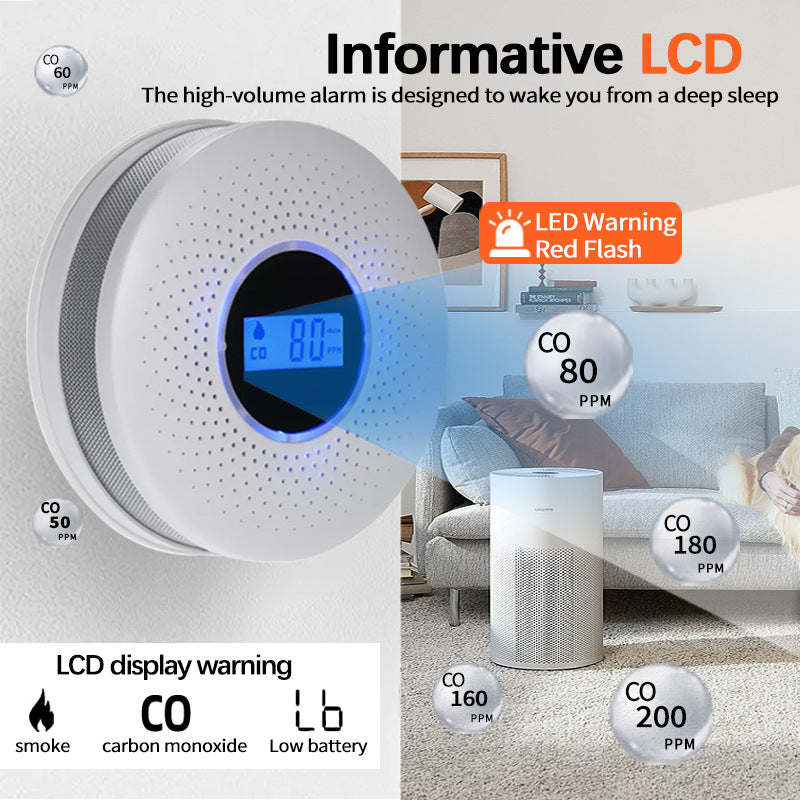 2-in-1 Smoke & Carbon Monoxide Detector with LCD Display - Real-Time Monitoring & Loud Alarm White
