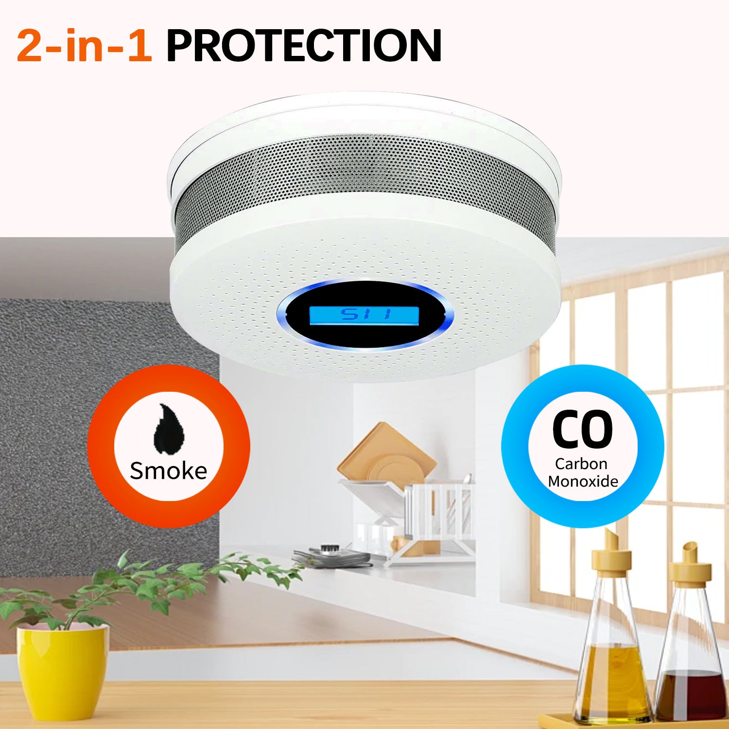2-in-1 Smoke & Carbon Monoxide Detector with LCD Display - Real-Time Monitoring & Loud Alarm White