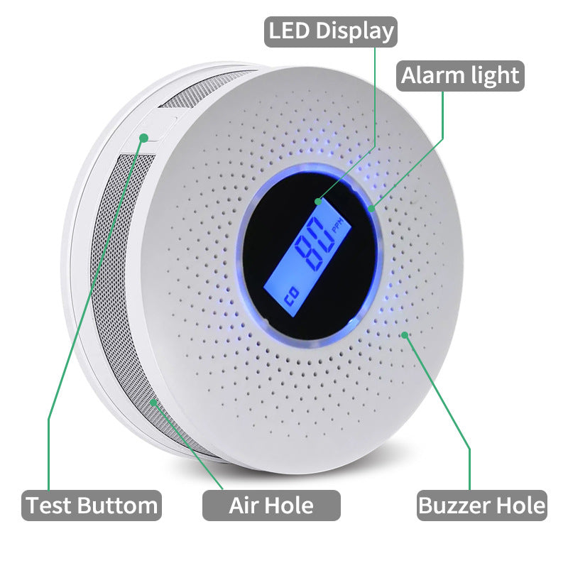 2-in-1 Smoke & Carbon Monoxide Detector with LCD Display - Real-Time Monitoring & Loud Alarm White