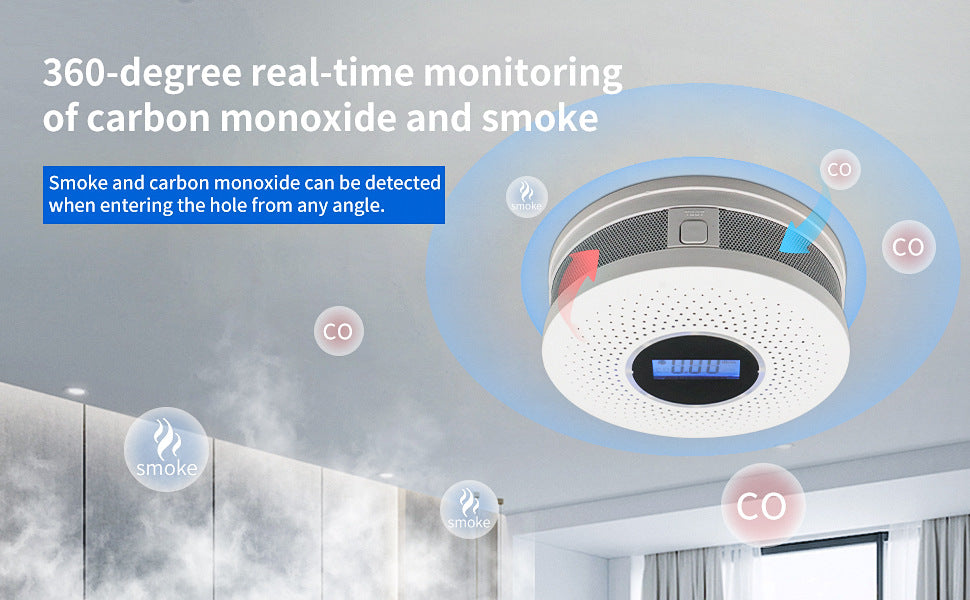 2-in-1 Smoke & Carbon Monoxide Detector with LCD Display - Real-Time Monitoring & Loud Alarm White