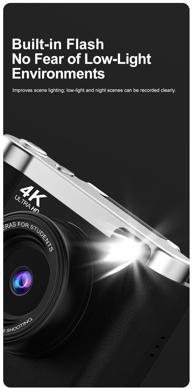 4K Ultra HD Digital Camera - 75MP, 2.8-inch Rotatable Screen, Auto Focus & Built-in Flash black
