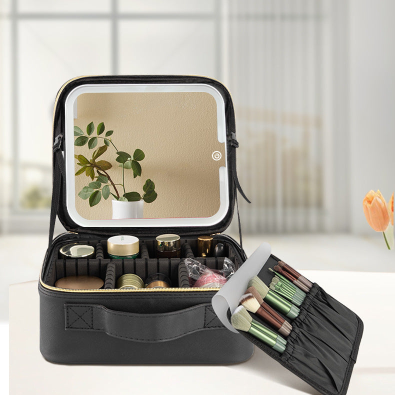 Travel Makeup Case with LED Lighted Mirror - Adjustable Dividers & Brush Holder black