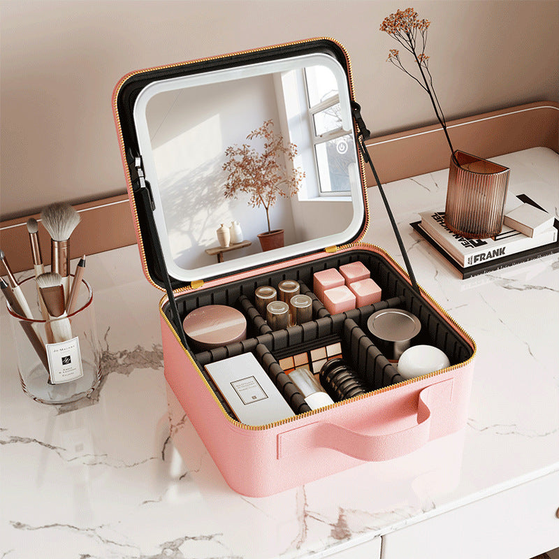 Travel Makeup Case with LED Lighted Mirror - Adjustable Dividers & Brush Holder pink