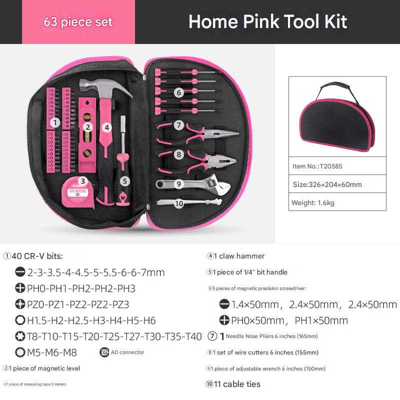 63-Piece Essential Home Repair Tool Kit with Portable Zipper Case pink
